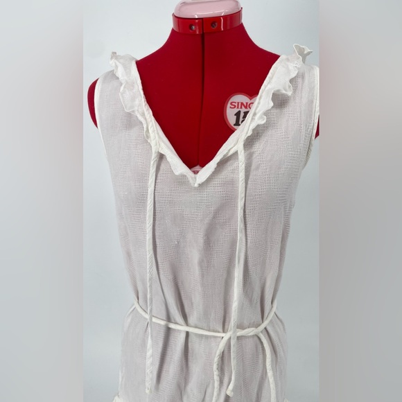 Vintage Crisp White Drop Waist Midi Dress With Neckline Ties & Tie Belt - Picture 10 of 15